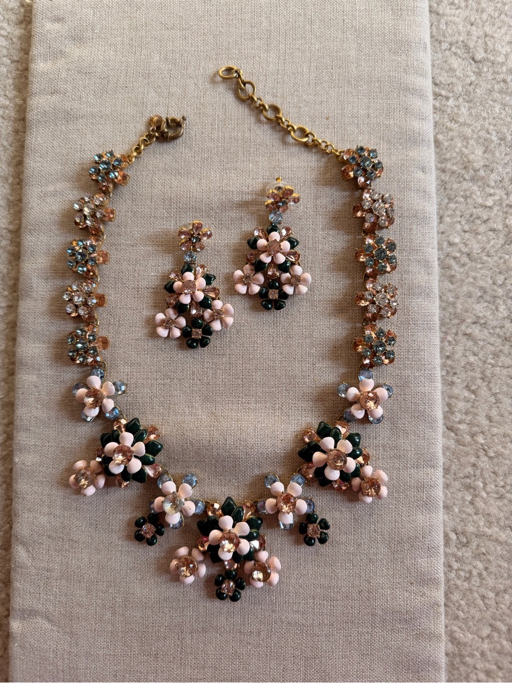 J. Crew Pink and Dark Green Floral Crystal Necklace and Earring Set
